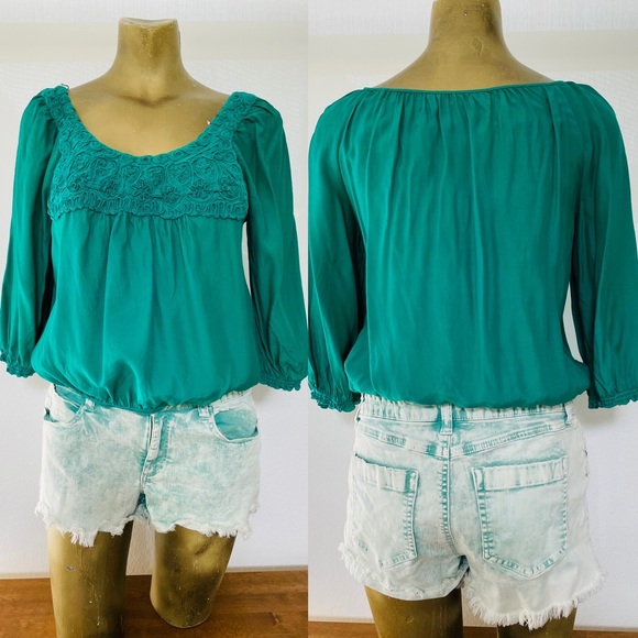 STUDIO M PETITE Green Boho Chic PEASANT TOP SP - Picture 1 of 11